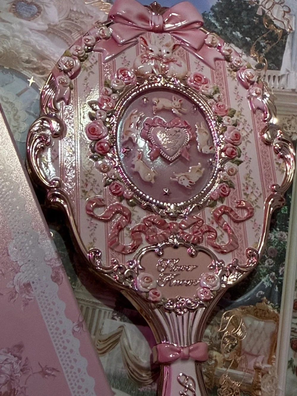 Flower Knows Bunny Pink Decorative Hand Mirror